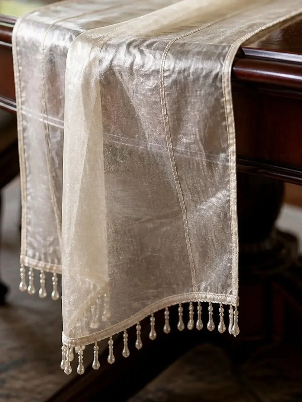 Vintage Ivory Table Runner Beaded Pearl Fringe Sheer 10